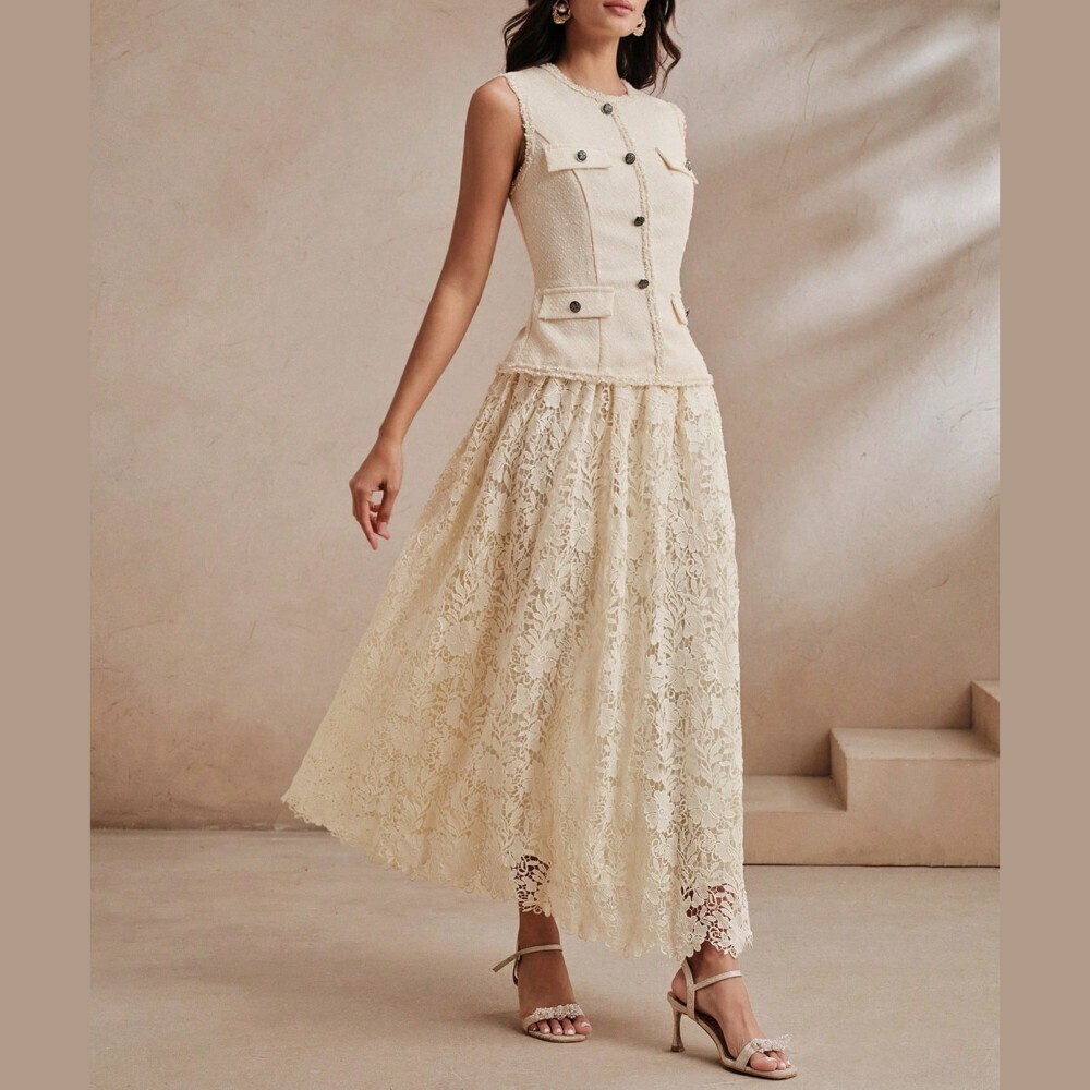 Cream Tweed Lace Combo Button Front Sleeveless Maxi Dress